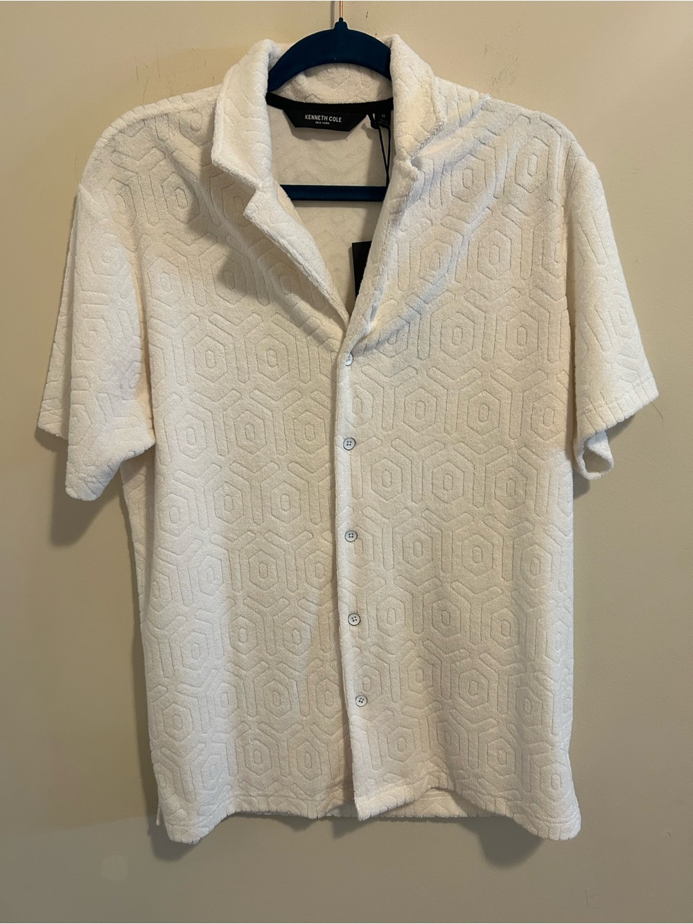 Kenneth Cole Cream Textured Terry Short-Sleeve Button-Down Shirt